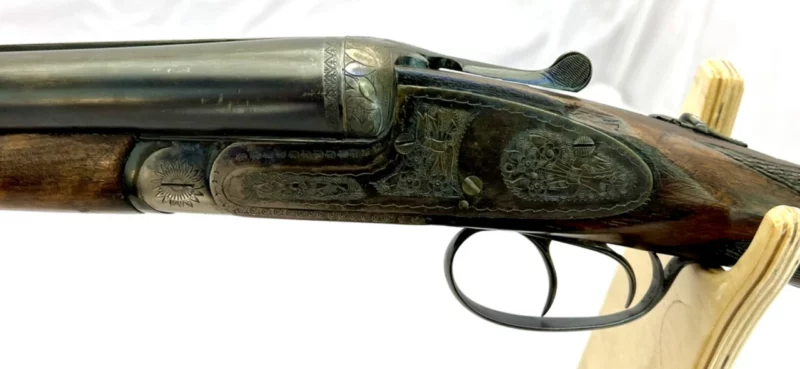 side by side 12ga shotgun Spanish Mendi Engraved Side Lock Ejector SN 45903 - Image 3