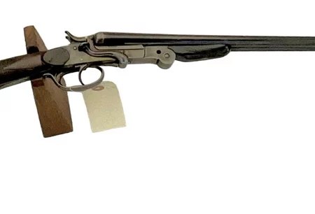 Belgium 410 side by side shotgun external hammer, fold-over “poacher’s gun” 38420