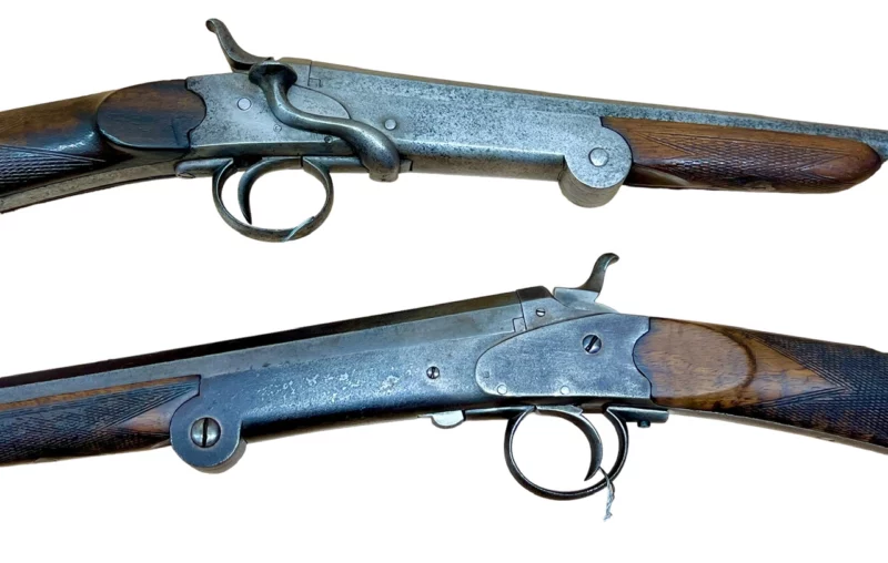 BELGIUM 410 SINGLE SHOT SHOTGUN EXTERNAL HAMMER, FOLD-OVER “POACHER’S GUN” SKELETON STOCK - Image 3