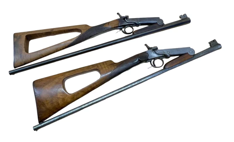BELGIUM 410 SINGLE SHOT SHOTGUN EXTERNAL HAMMER, FOLD-OVER “POACHER’S GUN” SKELETON STOCK - Image 2